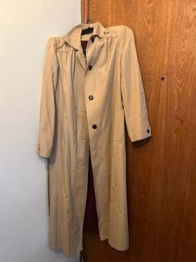 Vintage Etienne Aigner Khaki Long Belted Trench Coat with Burgundy Lining